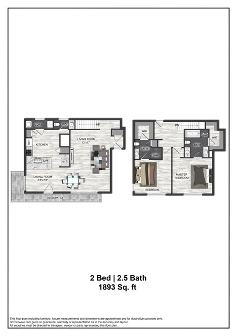 Floor plan for 2 beds, 2.5 baths, 1747 sqft